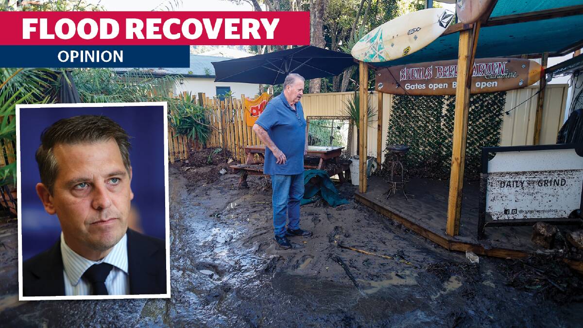 Rick Fleming surveys the damage to the beer garden at Shell's Diner and inset Minister for the Illawarra and the South Coast Ryan Park MP. Main picture by Anna Warr