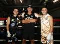 Boxers Andrew (l) and Jason Moloney with trainer Angelo Hyder have a busy fortnight ahead. (Jason O'BRIEN/AAP PHOTOS)