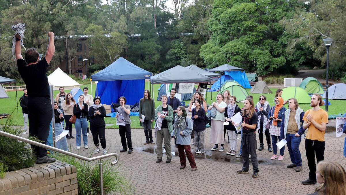 The Gaza solidarity encampment and protest at the University of Wollongong on Thursday. Picture by Sylvia Liber