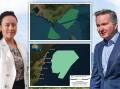 Emily Scivetti (left) of Oceanex, said the Illawarrra offshore wind zone (lower map) was the next region to be determined after minister Chris Bowen (right) granted feasibility licences for the Gippsland offshore wind zone (upper map). Graphic by ACM