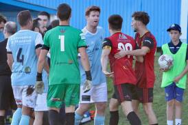 It was a fiery affair in the Illawarra Premier League between Wollongong Olympic and Cringila Lions. Picture by Adam McLean