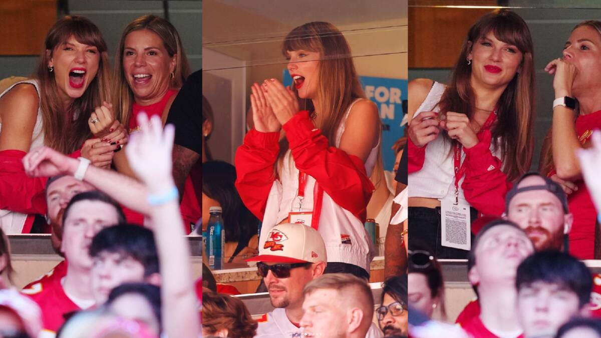 Taylor Swift watches Kansas City Chiefs NFL game from footballer Travis Kelce's box. Pictures via @entertainmenttonight