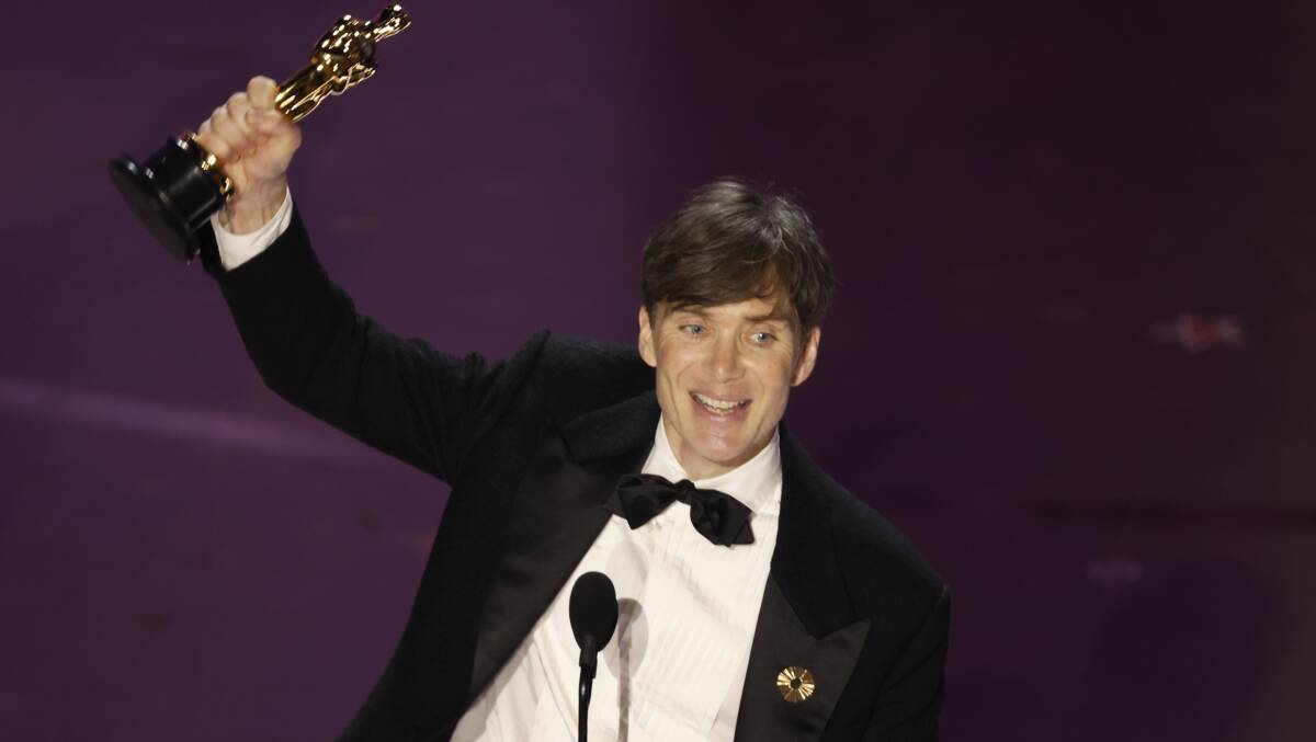 Cillian Murphy celebrates winning the Oscar for best actor for his portrayal of J. Robert Oppenheimer. Picture by EPA/Caroline Brehman