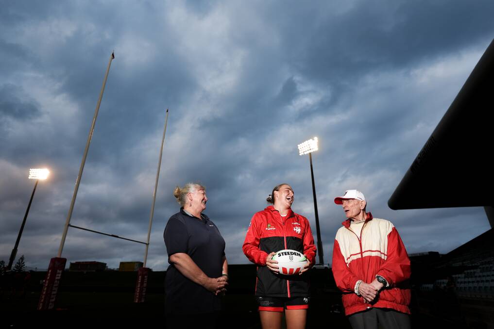 L-R:Jo Beavis, Tara McGrath-West and Jeff Lees at WIN stadium ahead of the Anzac day clash between Dragons and Roosters. Picture by Adam McLean