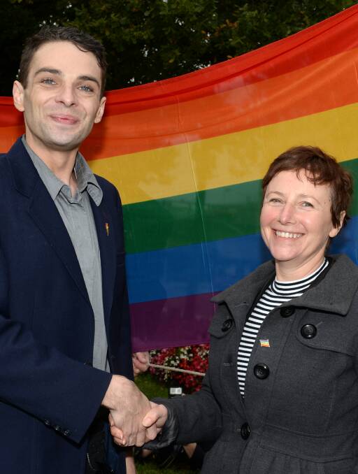 WATERSHED MOMENT: Equal Love Ballarat co-convener Koby Bunney and Cr Belinda Coates at the rainbow flag raising on Tuesday. Picture: Kate Healy