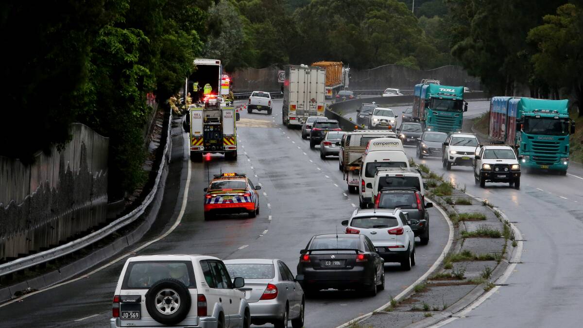 Mount Ousley lanes were closed on Wednesday after a truck fire. Picture: ROBERT PEET