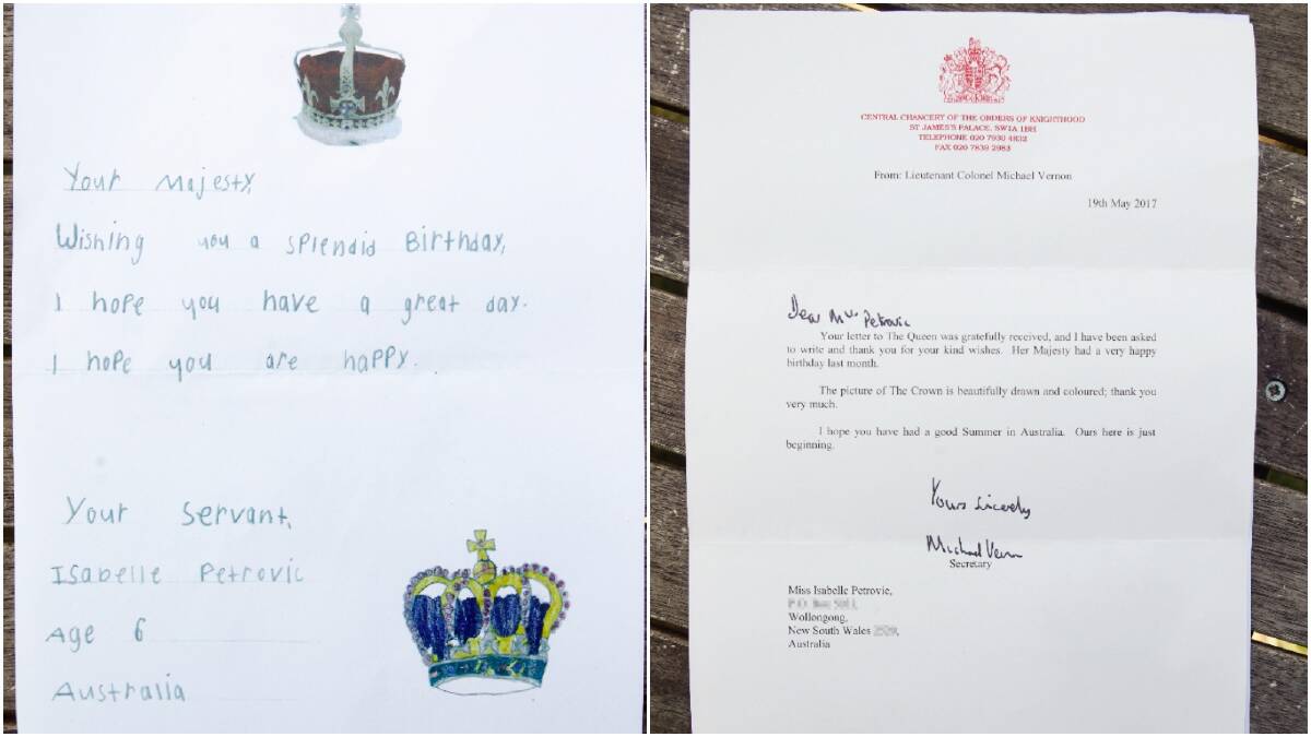 Left: Isabelle's letter to the Queen. Right: Royal letter received by six-year-old Isabelle Petrovic. 