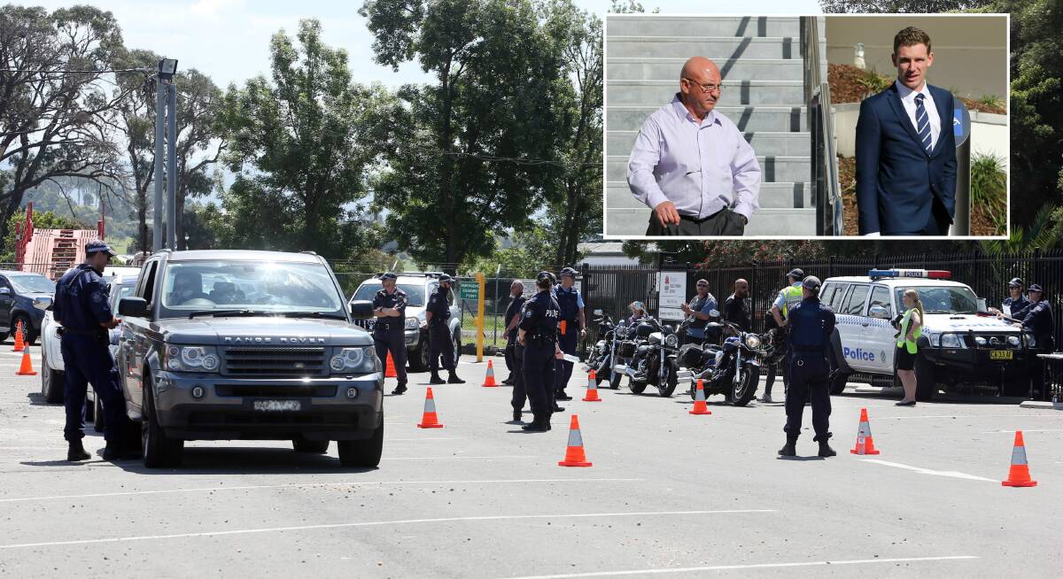 Raid: Police stop cars from entering the FOurth Reich's Croome Road club house in October 2015. Inset: Peter Busuttil leaves Wollongong Local Court with his lawyer, James Howell.