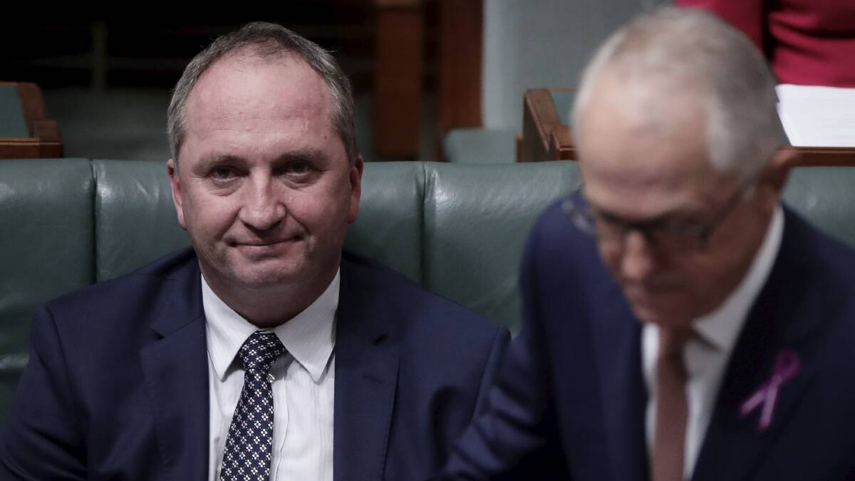 Deputy Prime Minister Barnaby Joyce and Prime Minister Malcolm Turnbull during Question Time at Parliament House in Canberra on Thursday. Picture: Alex Ellinghausen