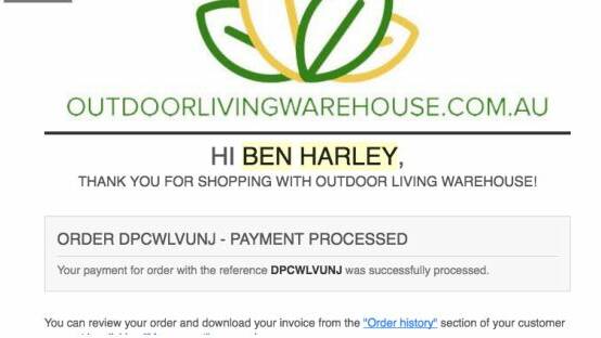 One of the confirmation emails Ben Harley received after paying for a Weber barbecue on Outdoor Living Warehouse, a scam site. Photo: Supplied