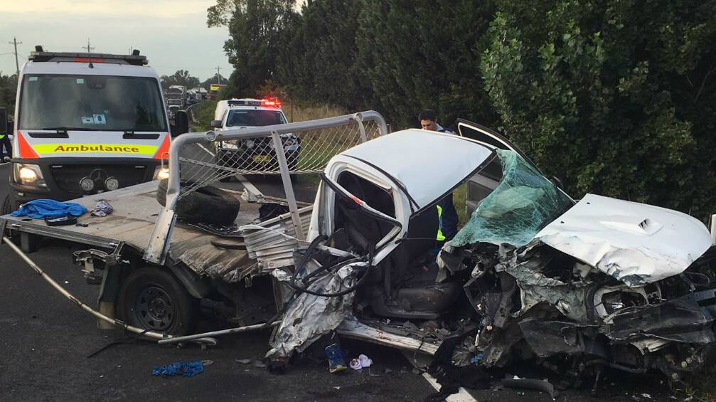 The driver of a ute has been transported to Wollongong Hospital in a serious condition suffering multiple limb fractures, lacerations along with pelvic and abdominal injuries after his vehicle collided with a bus on the Princes Highway at Jaspers Brush just after 6am. Picture: Supplied