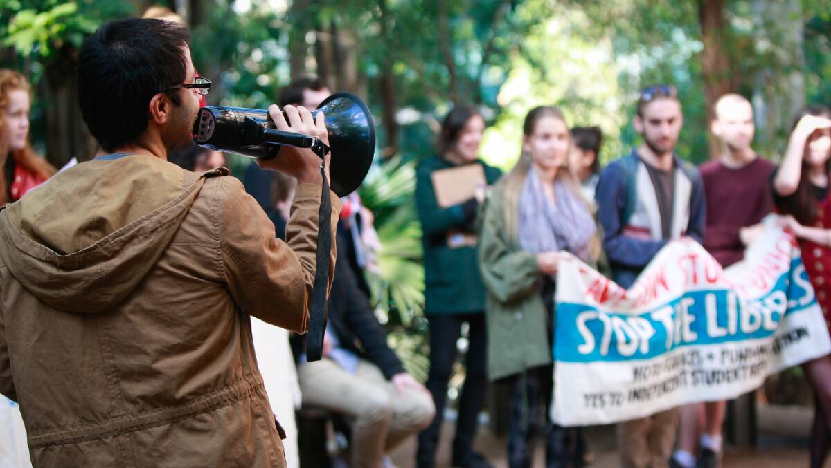 Omar Hassan led a special general meeting and protest of WUSA members at the University of Wollongong earlier this month. Picture: Georgia Matts