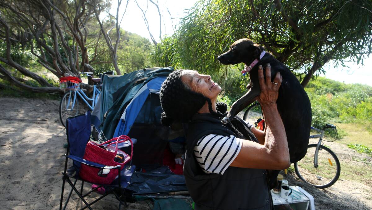 Wendy Lawrence has been homeless and sleeping at places like City Beach for more than five years with her only companion Lou-Lou, a Jack Russell-cross. Picture: Sylvia Liber