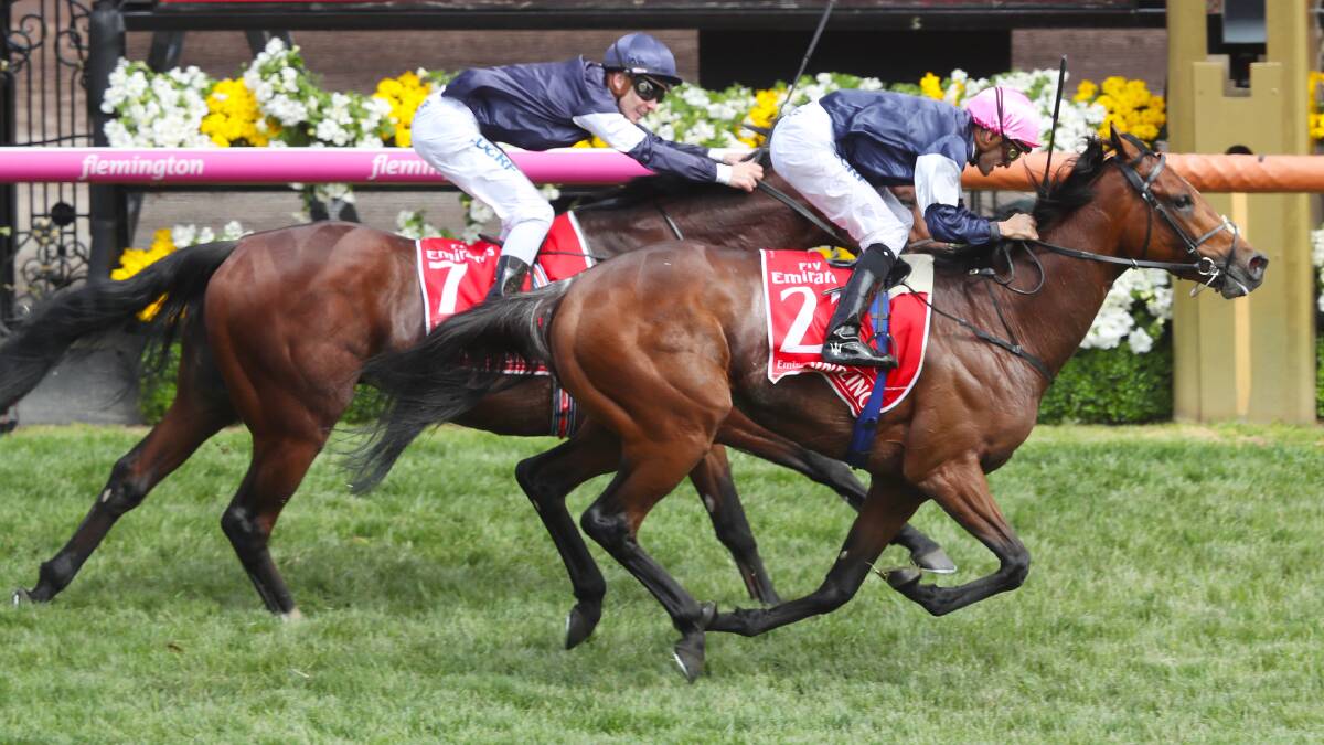 Rekindling, ridden by jockey Corey Brown, wins the 2017 Melbourne Cup. Picture: AAP