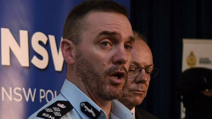The AFP acting assistant commissioner Chris Sheehan and NSW Police Force assistant commissioner Mark Jenkins announcing the arrests in Sydney. Picture: Kate Geraghty