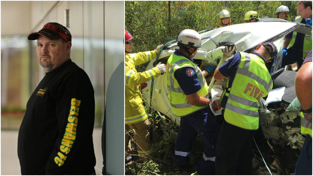 Left: Tony Lethbridge. Picture: Simone De Peak. Right: Emergency services attempting to free Samuel Lethbridge from his vehicle. Picture: Supplied