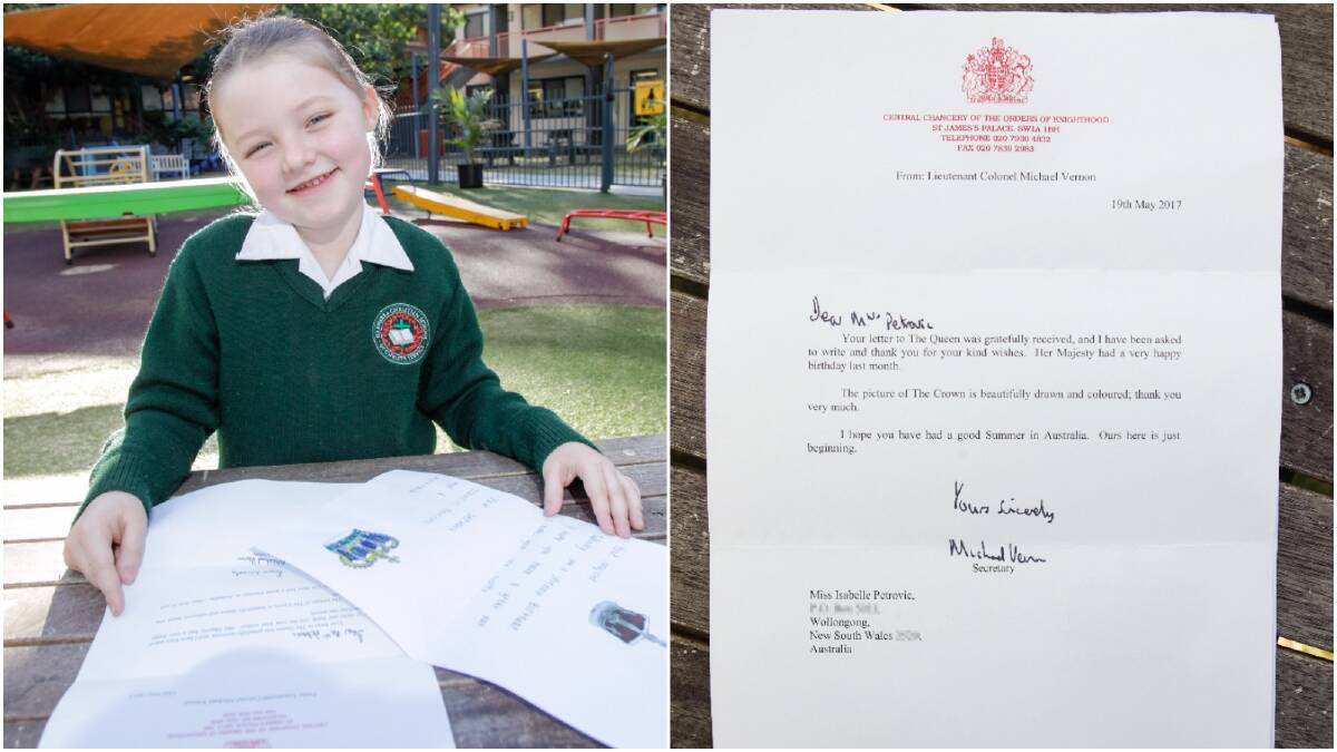 Isabelle Petrovic shows her letter and the one from the Queen. Picture: Adam McLean Right: Royal letter received by six-year-old Isabelle Petrovic. Picture: Adam McLean