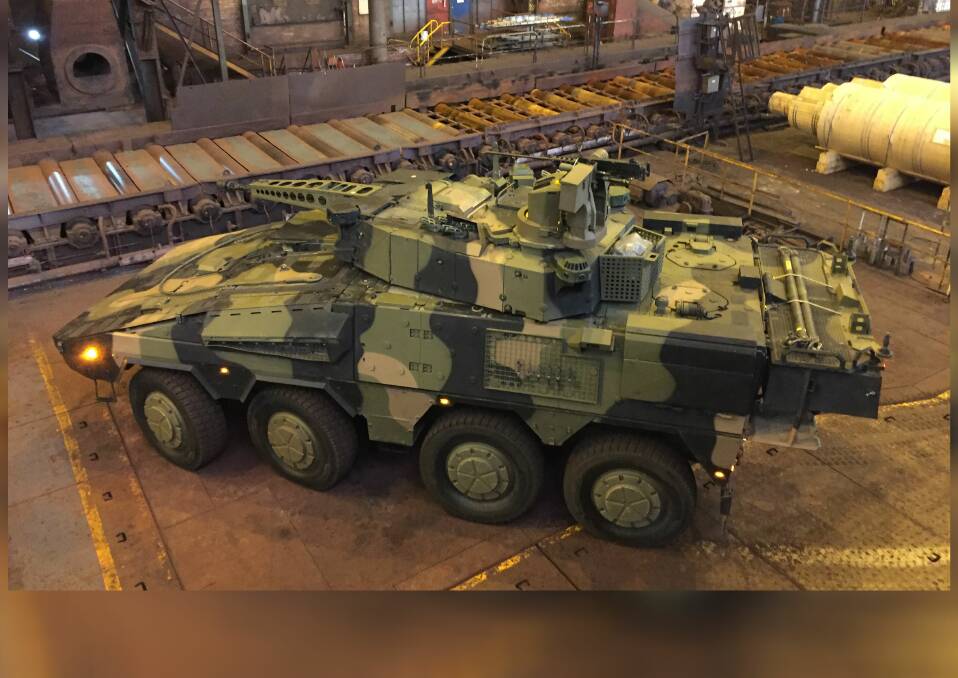 The Boxer combat vehicle in BlueScope's plate mill. The Port Kembla company is working with maker Rheinmetall to provide steel for the vehicle. Picture: Glen Humphries
