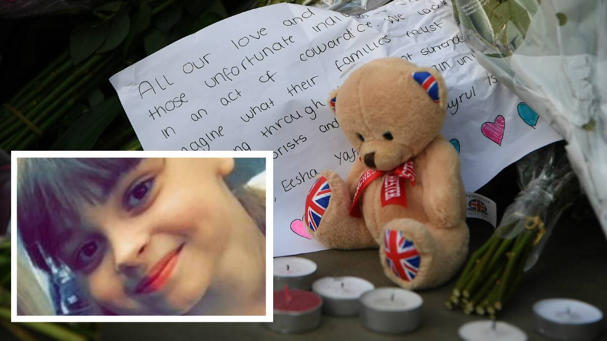 A tribute at the vigil to honour victims of the Manchester attacks. Picture: GETTY IMAGES Inset: Saffie Roussos died in the Manchester bombing. 