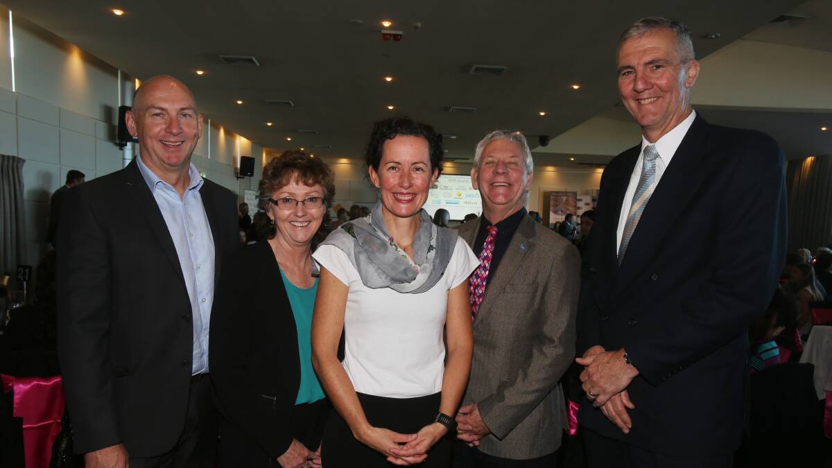 Victor Daly, Kerrie Miller, Candice Heine, Wayne Simpson and Ian Mondon at the Illawarra Women in Business Awards. Picture: ROBERT PEET