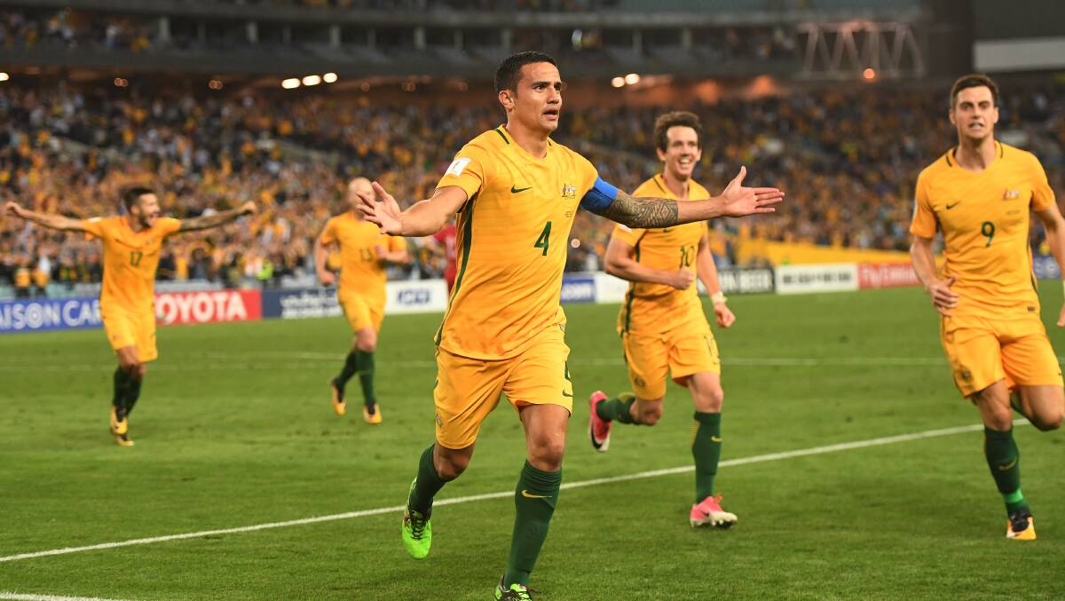 Tim Cahill celebrates his extra time winner. Picture: AAP
