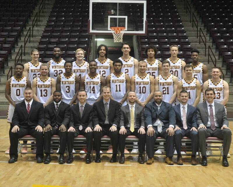 Learning to fly: Kyle Zunic (No.21, front row) with the 2017/18 Winthrop Eagles squad before the US College season.
