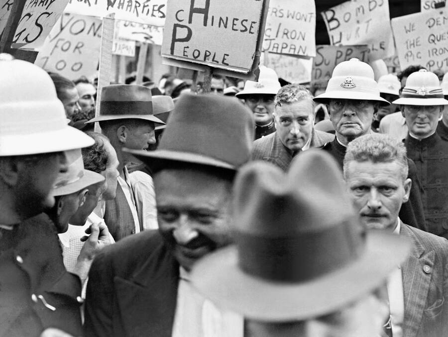 Then attorney-general Robert Menzies caught in the middle of protesters during the Dalfram pig iron dispute in the late 1930s.