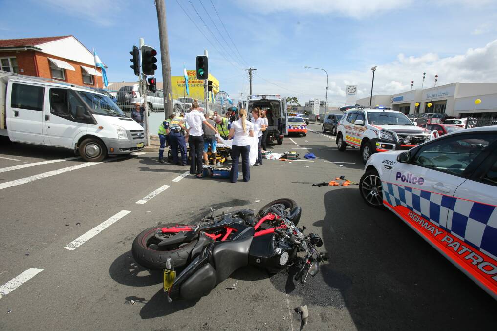 Thursday's accident at the Gipps Road intersection left a motorcyclist with a broken leg and saw southbound traffic diverted around the scene. Picture: Robert Peet