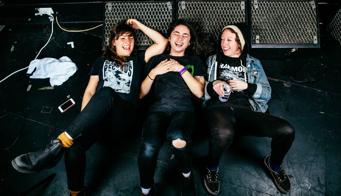 good times: Melbourne trio Camp Cope have a lot to smile about - after just over a year together they've  built up a loyal following and had their debut album raved over by the critics. Picture: Matt Warrell