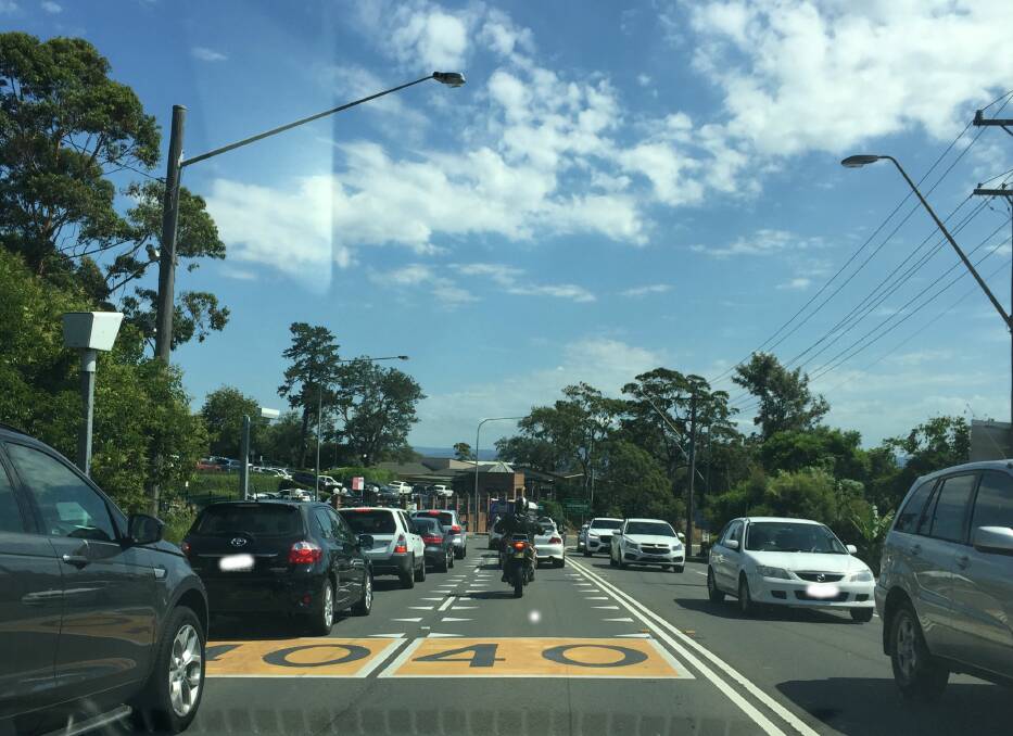 A passenger's view of the southbound traffic queue heading into the Illawarra Grammar School for the afternoon pick-up. Picture: Sylvia Liber