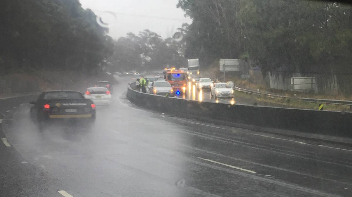 The scene of the accident in the southbound lanes of the M1 Princes Motorway at Mt Ousley.