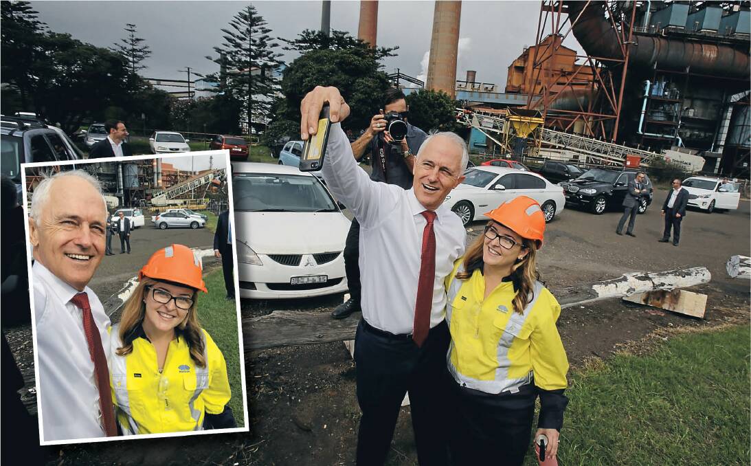 Jacqui Fitzpatrick has a selfie taken with Prime Minister Malcolm Turnbull during his visit to BlueScope on Monday. Pictures: Robert Peet and Malcolm Turnbull