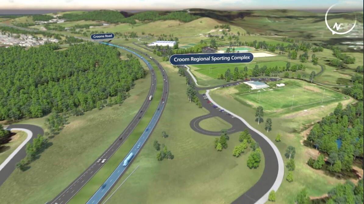 A still from a Roads and Maritime Services video showing the Albion Park Rail Bypass route past Croome Road Sporting Complex. Delays in negotiations with council could have halted the project.