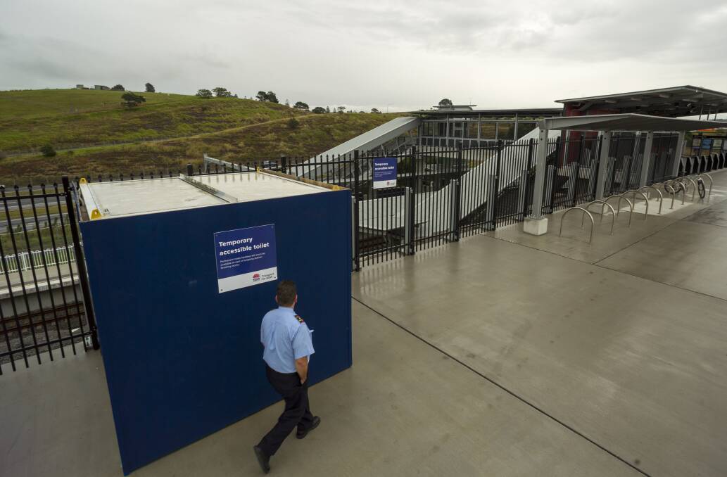 stop gap: A temporary toilet installed at Shellharbour Junction station in February 2015 and in use for most of the year. Picture: Christopher Chan