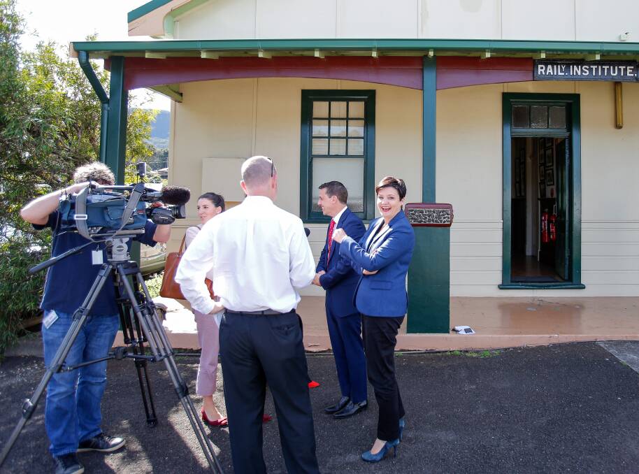 train pain: Keira MP Ryan Park and Shadow Transport Minister Jodi McKay talk to the media about proposed train timetable changes. Picture: Adam McLean 