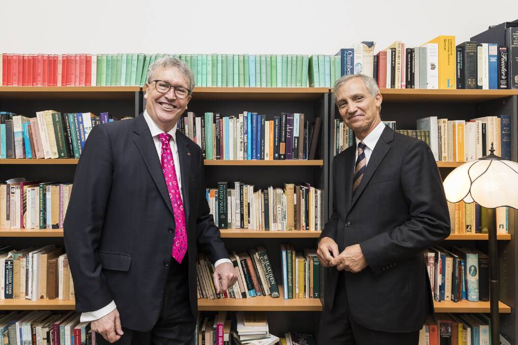 Controversial course: University of Wollongong Vice-Chancellor Professor Paul Wellings with Ramsay Centre CEO Professor Simon Haines after signing a deal to provide a new degree on Western Civilisation. Picture: supplied