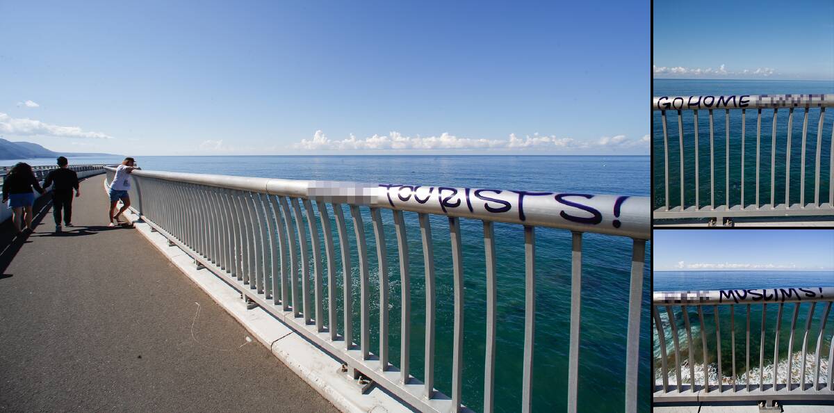 Offensive graffiti - including anti-Muslim sentiments - defaced Illawarra icon the Sea Cliff Bridge. Pictures: Adam McLean