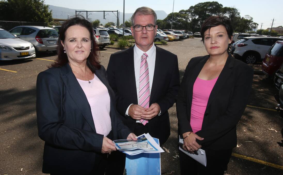 build it: Shellharbour MP Anna Watson, Deputy opposition leader Michael Daley and shadow transport minister Jodi McKay at Dapto station calling for action on infrastructure for the area. Picture: Robert Peet