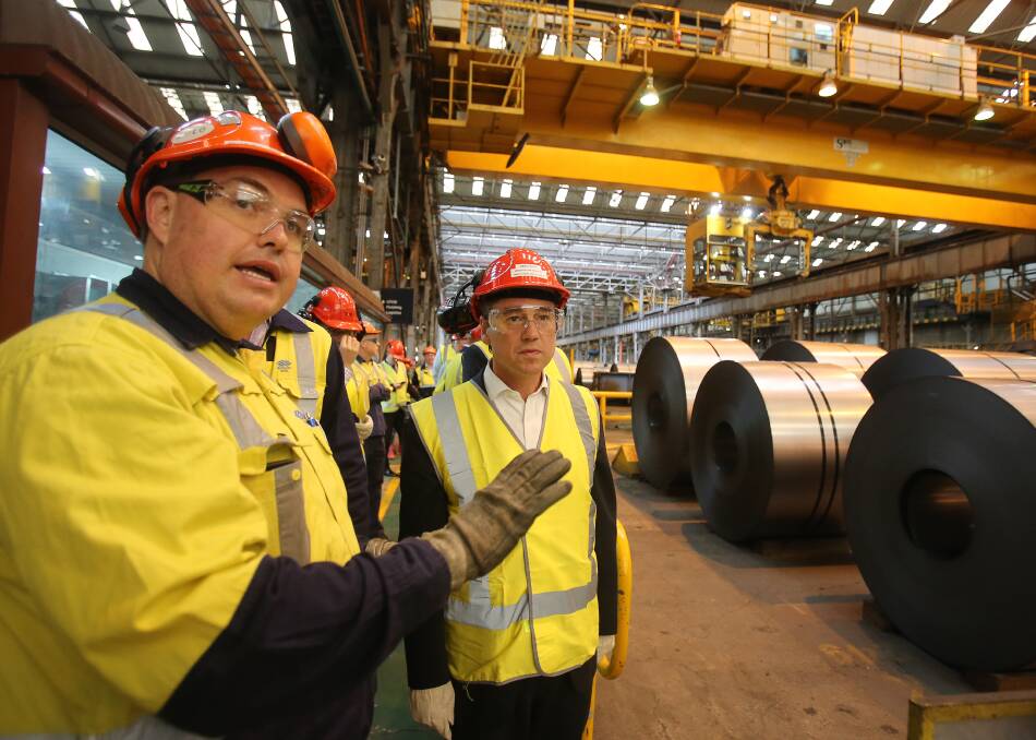 In town: Federal Industry Minister Greg Hunt visited BlueScope's Spring Hill plant on Wednesday. Pictures: Robert Peet