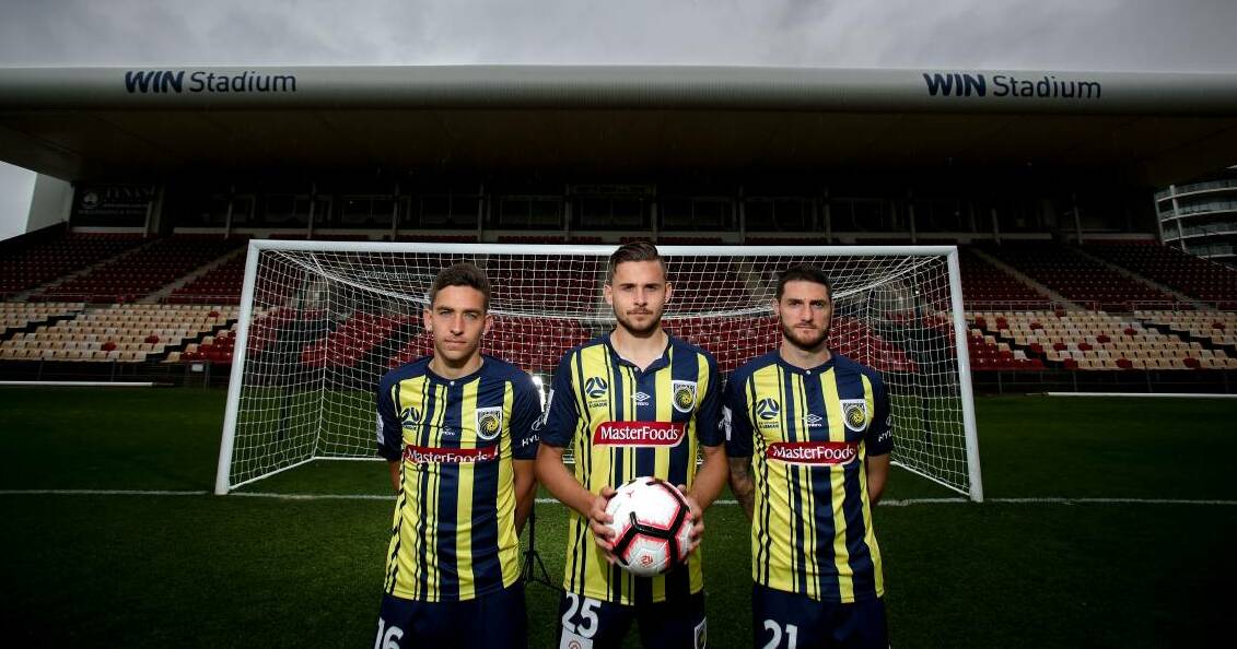 Woonona local Jordan Murray (middle) with Central Coast Mariners teammates and fellow Illawarra products Josh MacDonald and Corey Gameiro at WIN Stadium in 2018. Picture: Adam McLean.