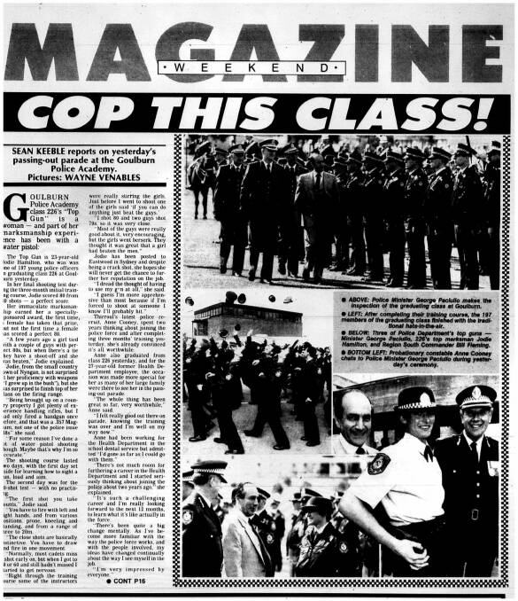 Hot off the press: Anne Cooney's graduation day, as it was reported in the Illawarra Mercury in 1987. She joined the force age 27. Click the photo to see a larger version.