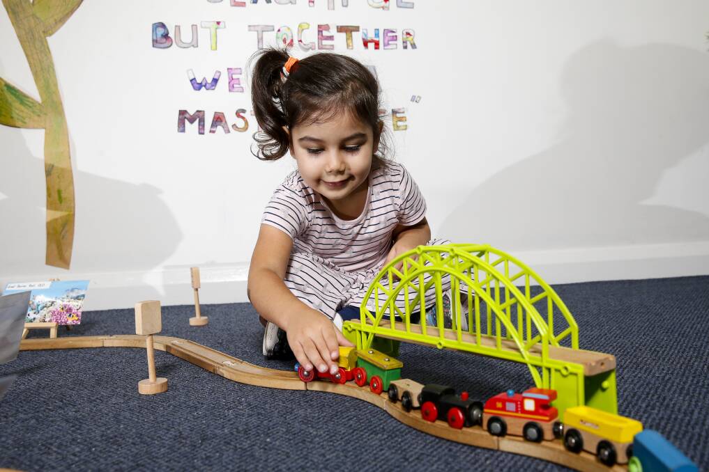 Parents in NSW will not have to pay preschool fees for up to six months. Pictured 3 year old Melek Yasar playing at Wollongong Cottage Kindergarten. Picture: Anna Warr 
