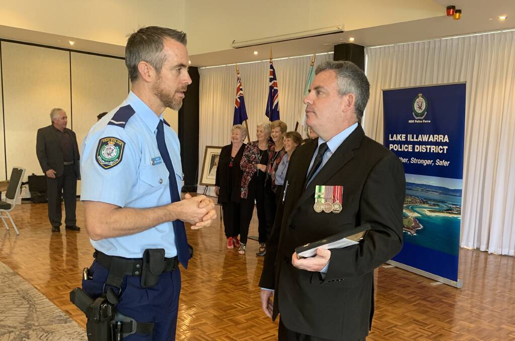 Lake Illawarra police officers Senior Constable Anthony Zampa, Constable Coop Woodstone and another police officer, who can not be named, received region commander's commendations at an awards ceremony. Picture: NSW Police