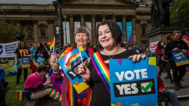 Michelle (left) and Theresa (right) rally in support of same-sex marriage in Melbourne. Photo: Scott McNaughton