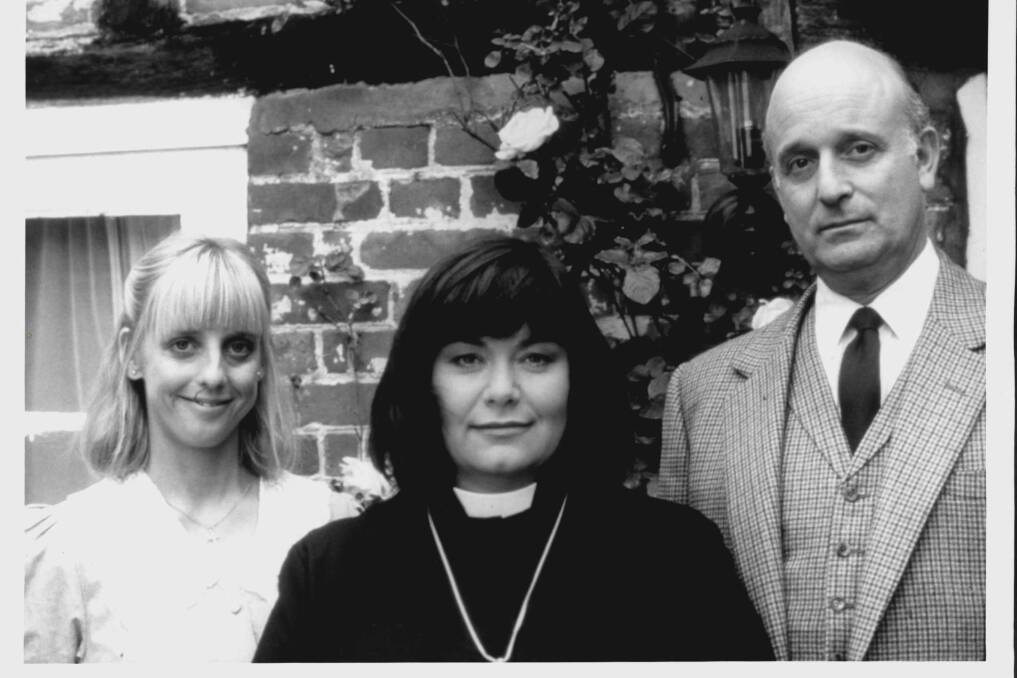 Emma Chambers as Alice Tinker, Dawn French as Geraldine and Gary Waldhorn as David Horton in The Vicar of Dibley, 1995. Picture: Australian Broadcasting Corporation
