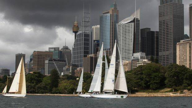Vintage crop: Three of the oldest yachts to compete in this year's Sydney to Hobart - Dorade, Kialoa II and Eve - sail past the Sydney Botanical Gardens. Photo: Jessica Hromas
