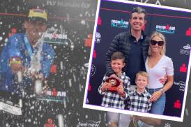Jacob Payne and his family, inset, wife Ashley and kids Parker and Preston celebrate his 10th Ironman Australia. Meanwhile 2024 winner Sam Appleton celebrates his race win with champers. Inset supplied, background pic by Port News.