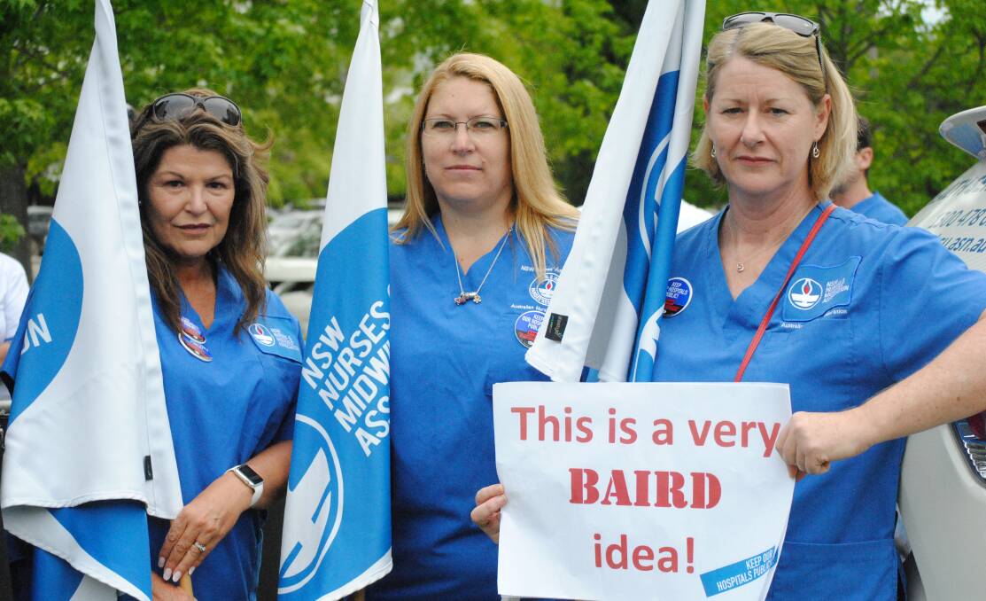 Bowral rally: NSW Nurses and Midwives Association Southern Highland members Michelle Cashman, Michelle Nicholson and Coral Levett. 