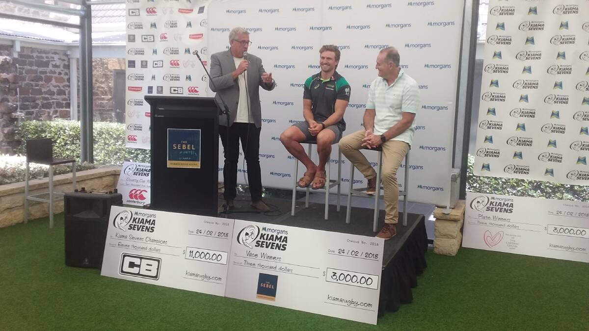 Kicking off: Lewis Holland and David Campese talking at the launch of the 45th Kiama Sevens tournament.