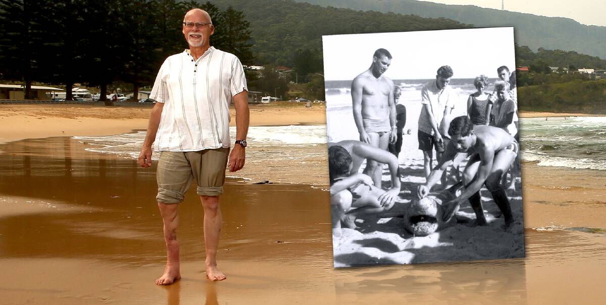 Half a century: Ray Short, who was dragged from the surf at Coledale Beach with a shark attached to his leg in 1966 (inset), returned to the beach in 2013. Picture: Kirk Gilmour.